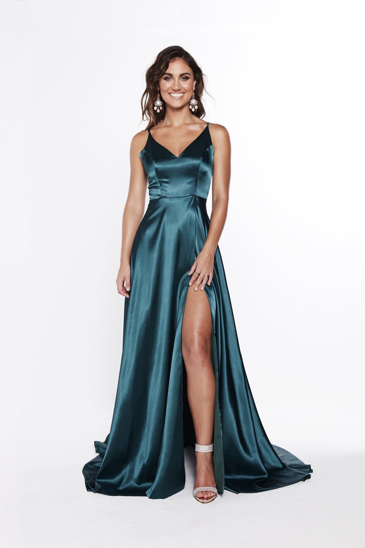 A☀N Lucia - Teal Satin Gown with A Line ...